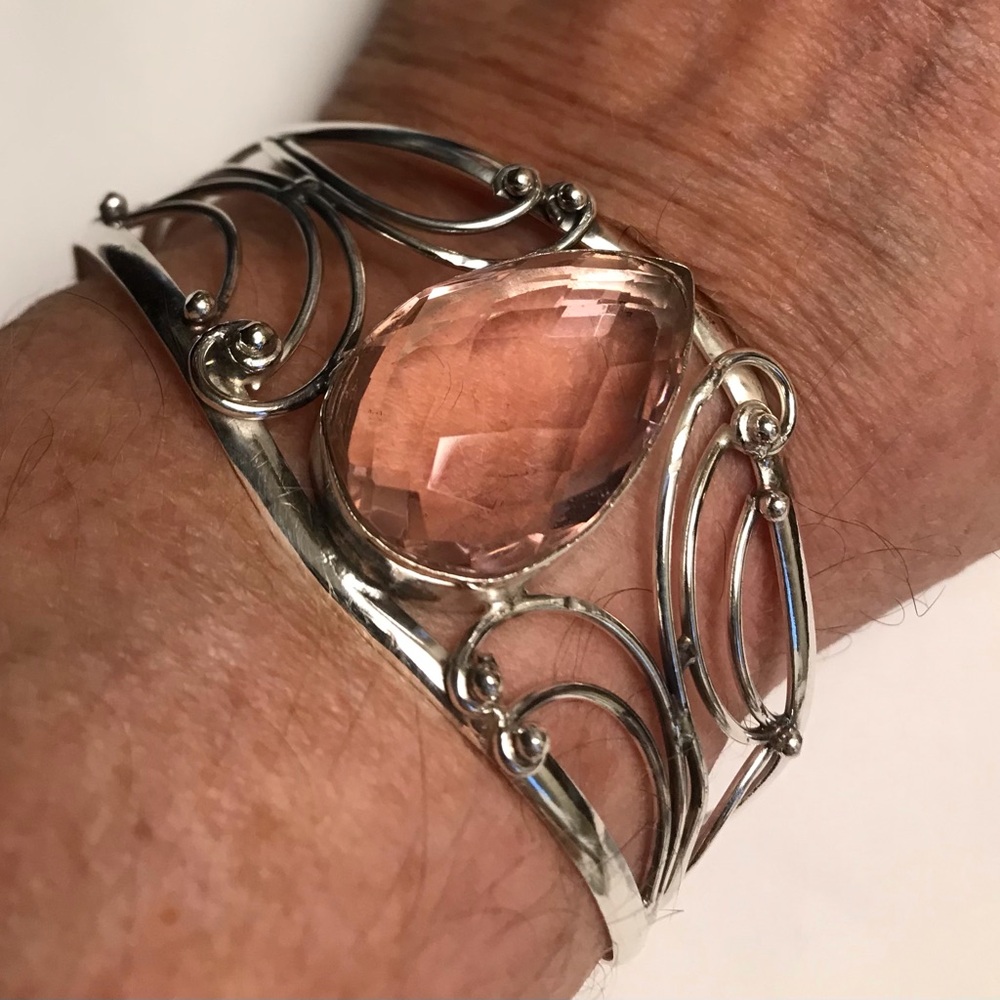 Kunzite Stamped Solid 925 Sterling Silver Cuff Bracelet